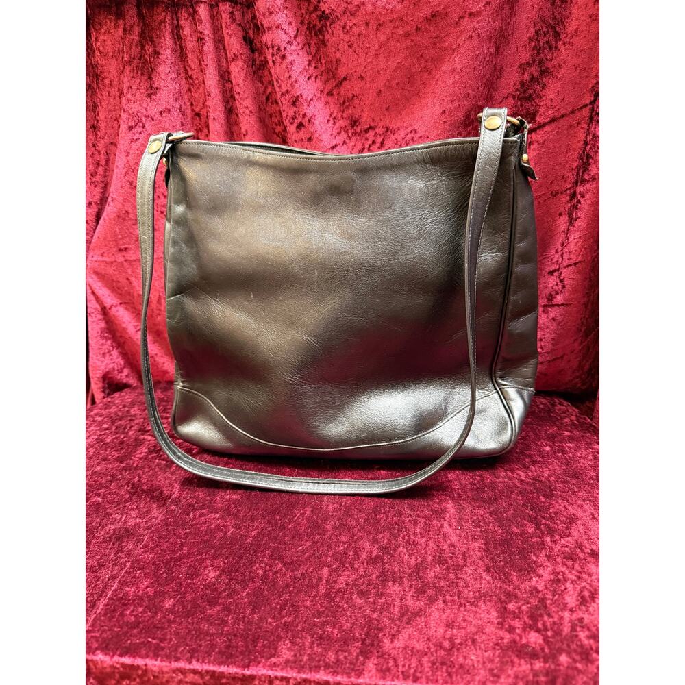 Vintage Accessories - Crossbody Hobo Bag - Black Leather with Brass Hardware